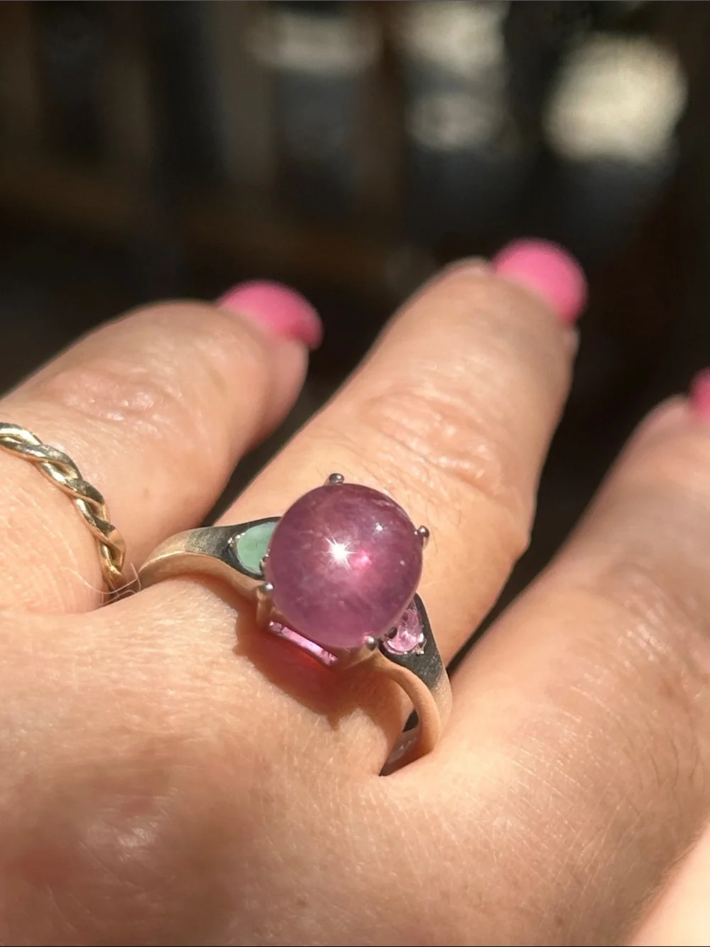 Stunning Sterling Silver Cabochon Ruby Emerald Ring Size 10